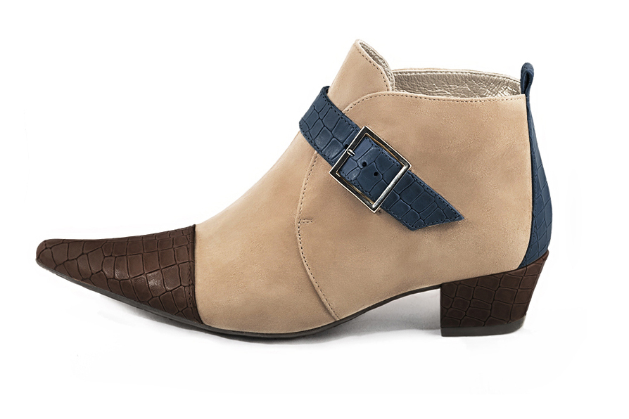 Women's dark brown, tan beige and denim blue elegant ankle boots, with buckles at the front. Pointed toe. Low cone heels - Profile view